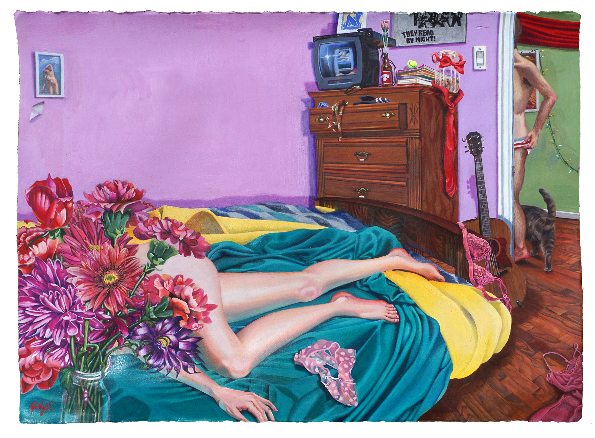 Thank You For The Flowers, 30x40 2020<br>watercolor, ink, acrylic, oil pastel on paper